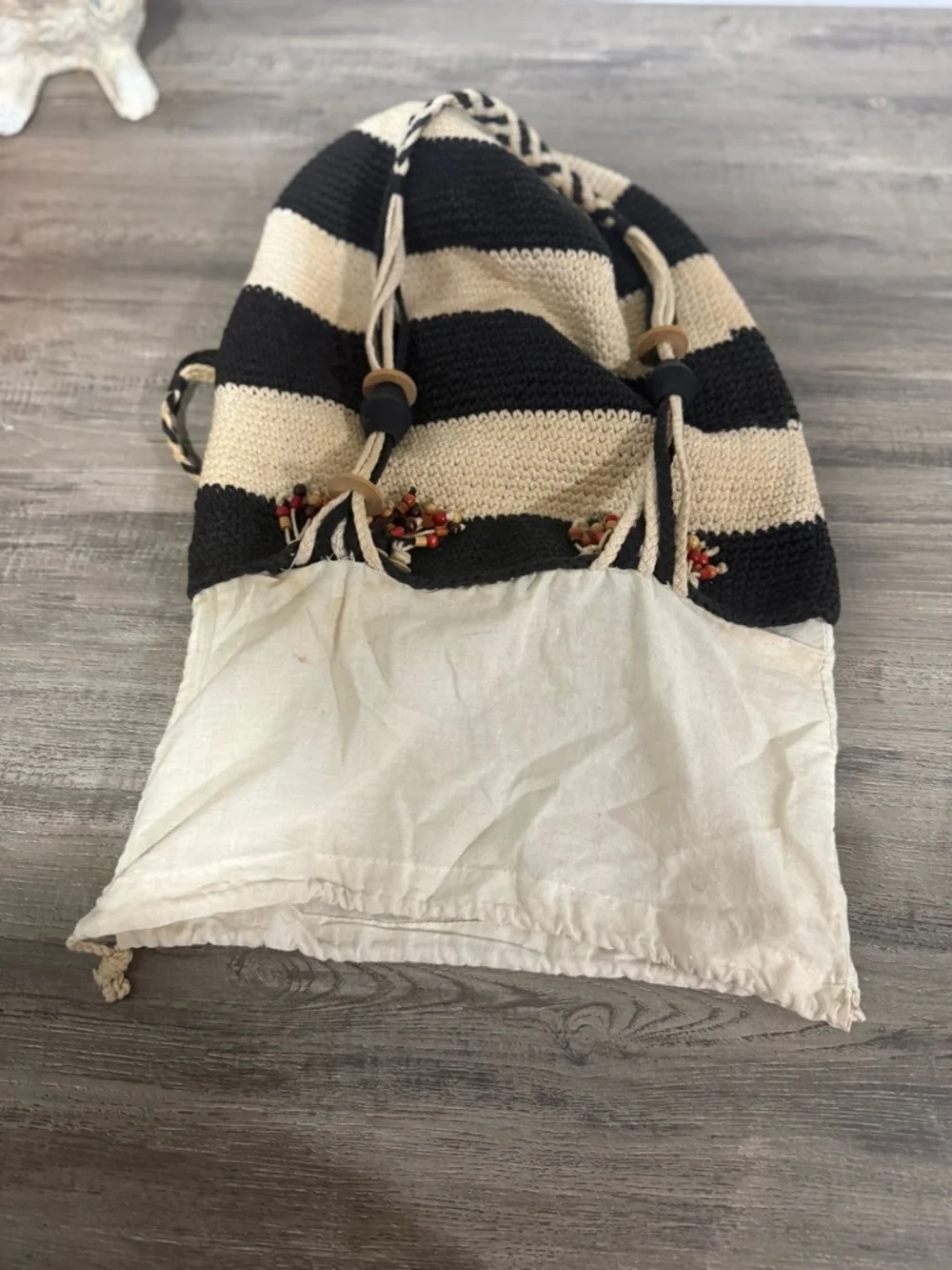 Saddie River Vintage Striped Black & Cream Crochet Beach Tote